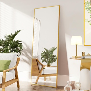 FANYUSHOW Standspiegel Ganzkörperspiegel mit Golden Metallrahmen 140x40cm, HD Groß Garderobenspiegel Rechteckiger Hochspiegel für Wohnzimmer oder Ankleidezimmer, Golden