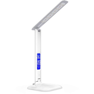kwmobile Dimmbare LED Schreibtischlampe Lampe - Tischlampe mit USB Ladefunktion - Schreibtisch Nachttischlampe Tischleuchte mit LCD Display - Weiß