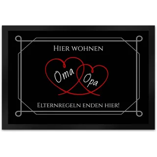 Hier wohnen Opa und Oma Fußmatte XL in 40x60 cm - Elternregeln Enden Hier mit Herz unsere Großeltern tragen wir im Herzen und Diese Fußmatte XL in 40x60 cm zeigt auch Warum.