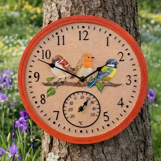 Garden Mile Gartenuhr und Thermometer, 30 cm, Vogel-Design, langlebige Quarz-Uhren, Outdoor-Wanddekoration, dekorative Wanduhr für Terrasse, Küche, Wohnzimmer-Dekor