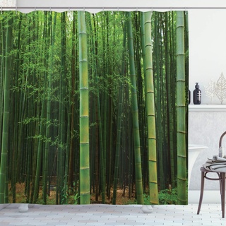 ABAKUHAUS Grün Duschvorhang, Exotische Bambus-Wald, Stoffliches Gewebe Badezimmerdekorationsset mit Haken, 175 x 220 cm, Grün
