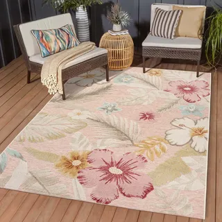 Taracarpet In & Outdoor Teppich Wetterfest Wohnzimmer Balkon Küchenteppich Terrassenteppich Flachgewebe mit Muster Blumen floral Rose rosa 200x290 cm