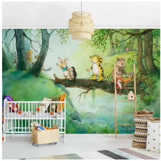 Bilderdepot24 Kindertapete Kinderzimmer Kleiner Tiger Baumbrücke Kinder Wanddeko Wald Tiere, Glatt, Matt, (Vliestapete inkl. Kleister oder selbstklebend), Mädchenzimmer Jungenzimmer Babyzimmer Bildtapete Fototapete Wandtapete grün 2.4 m x 1.58 m