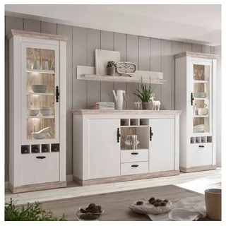 Lomadox Wohnwand FERNA-61, (4-St), Landhaus mit Highboard Oslo Pinie dunkel und weiß Nb. 330x201x44cm weiß