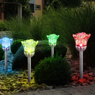 4er Set RGB LED Blumen Solar Rosen Leuchten Erdspieß Außen Steck Lampen Garten Wege Beet Farbwechsler