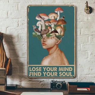 YOYI ART Vintage Pilz Dekor Pilz Wandkunst Metall Blechschild – Lose Your Mind Find Your Soul Hippie Decor – Pilz Poster Pilz Wanddekoration für Küche Badezimmer Schlafzimmer, 30,5 x 20,3 cm Vintage
