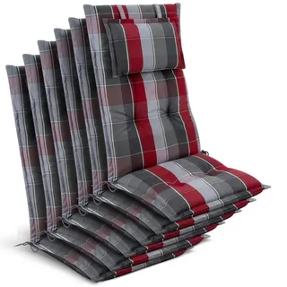 Beautissu Hochlehner Auflage 120 x 50 x 7 cm grau/rot/hellblau kariert 6 St.