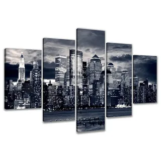 Visario Leinwandbild New York 5-teilig 160x80 cm 5531 – Wandbild Manhattan Skyline bei Nacht schwarz-weiß-blau, XXL Kunstdruck auf Leinwand mit Holzrahmen, Wanddeko Wohnzimmer Büro