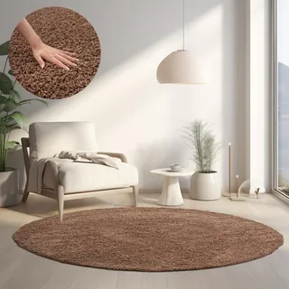 HomebyHome Shaggy Hochflor Teppich, 80 cm Rund, Mokka, weich, flauschig, modern, einfarbig, Für Eingangsbereich oder kleine Nischen, für Wohnzimmer Schlafzimmer Flur