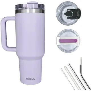 Starla Thermobecher mit Strohhalm und Henkel 1,2l groß, 2 Deckel, auslaufsicher, Edelstahl Isolierbecher Kaffeebecher To Go Wasserbecher Getränkebecher Reisebecher Trinkbecher mit Griff (S Lavender)