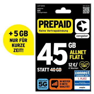congstar Prepaid ALLNET L SIM-Karte ohne Vertrag I 45 GB Prepaid-Paket | 12 € Startguthaben I In D-Netz Qualität I 5G mit 25 Mbit/s I Telefonie & SMS Flat in alle deutschen Netze I EU-Roaming inkl.