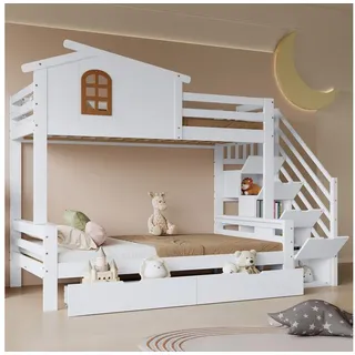 Odikalo Kinderbett Etagenbett Hochbett 90x200 mit Lattenrost (Etagenbett, Kinderbett, Zwei Schubladen mit Rollen, Exquisite Schöne Fenster, Eck-Leiterschrank, Stabile Lattenroste, Kiefer + MDF + Sperrholz, Weiß+Natur, 90x200cm&120x200cm) weiß