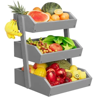 Hellojin Bambus-Obstkorb mit 3 Etagen für Theke, große Kapazität, Obstaufbewahrung, Obsthalter, Speisekammer-Organizer und Aufbewahrung, Küchen-Arbeitsplatten-Organizer mit 2 Bananenaufhängern (grau)