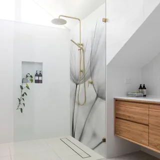 Duschrückwand mit Motiv selbstklebend - 0.35 mm Wandpaneel wasserfest Pusteblume schwarz weiss Motiv Badrückwand fugenlos Smart matt 80x190 cm