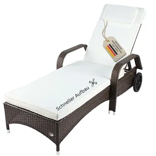 RS Trade Sonnenliege Gartenliege Toscana Wetterfest mit Rollen – Polyrattan Rattan Liege Outdoor mit Armlehne, Verstellbare Relaxliege für Garten, Terrasse, Balkon, braun mit weißer Auflage & Kissen