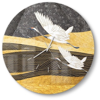 DEQORI Wanduhr 'Fliegende Kraniche' (Glas Glasuhr modern Wand Uhr Design Küchenuhr) goldfarben|schwarz