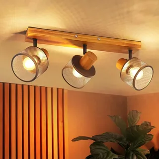 Gbly Deckenleuchte 3 Flammig Holz Vintage Deckenlampe E14 Schwarz Deckenstrahler Wohnzimmer Aus Metall Industrial Küchenlampe Decke Drehbar 350° Deko Für Küche Schlafzimmer Flur Ohne Leuchtmittel