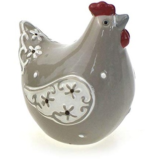 Deko Figur Henne sitzend 14 cm, aus Keramik taupe grau-braun rot Landhaus Stil, Dekofigur Huhn Hühner für Frühling Sommer Ostern Osterdeko
