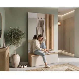 Home affaire Garderobenpaneel LANDUVA Garderobe mit Schuhschrank, Spiegel und Haken, Breite 120 cm, Garderoben-Set, Kompaktgarderobe, mit Sitzbank, Lamellen Design beige