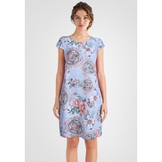 PEKIVESSA Sommerkleid Leinenkleid knielang kurzarm (A-Linie, 1-tlg) mit floralem Muster blau