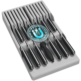 Lifewit Magnetischer Messereinsatz Schublade für 12 Messer, Grau | Messer Organizer leer aus Kunststoff mit Rutschfestem Boden, Großer Messereinsatz Schubladeneinsatz, 42 x 23 x 5 cm