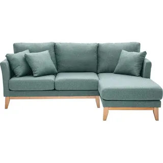 miliboo - Skandinavisches 4-Sitzer-Ecksofa rechtsseitig mit abziehbarem, graugrünem Stoff und hellem Holz OSLO