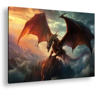 Leinwandbild Drache auf Gipfel, feuriger Himmel, Fantasy-Herrschaft Format: 60x40 cm XXL Kunstdruck Bild auf Keilrahmen/Wandbild/Wohnzimmer Deko