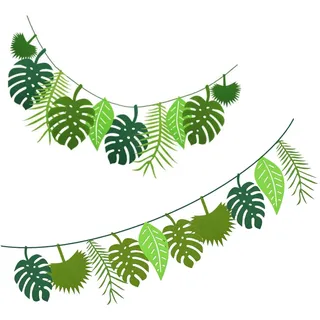 2 Stück Tropische Blätter-Banner Girlande Grün Palmenblätter Bunting | Felt Leaf Banner Für Sommer Strand Dschungel-Party-Dekorationen