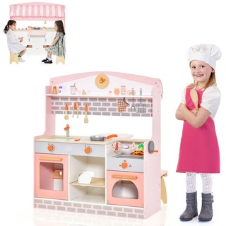COSTWAY Spielküche doppelseitige Kinderküche, aus Holz rosa