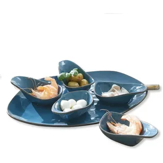 LOBERON Servierschälchen 6er Set Biarré, fünf Schälchen + Unterteller, für Dips und Saucen, traditionelle Handarbeit, Küchenutensilien, Tischaccessoires, Steinzeug, blau