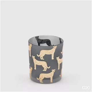 enzo de gasperi Teelichthalter Kerzenglas für Teelichter mit Tierfigur- grau und gold H 10 cm Ø 9 cm