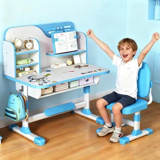 ilkqeppe Schreibtisch Kinder, Kinderschreibtisch Höhenverstellbar, Kinder Schreibtischstuhl mit Bücherregal und Schublade für Schlafzimmer und Arbeitszimmer (Blau-e)