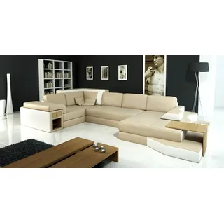 Xlmoebel Wohnlandschaft XXL Ecksofa U-Form aus Leder und Textil mit USB-Anschluss, Wohnlandschaft 3 Teile, Made in Europa beige
