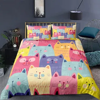 Tabeskly Mädchen Cute Katze Kitty Katzenmotiv BettwäSche Kinder Katzenbettwäsche KinderbettwäSche Bed Duvet Cover Bedding Set 200×200cm