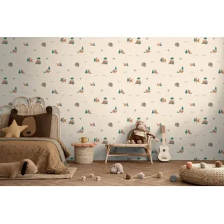Vliestapete LIVING WALLS "Kids Studio Waldtiere – Vliestapete für Kinder", beige (creme), B:0,53m H:0m L:10,05m, Vinyl, Vlies, Tapeten, Fuchs, Reh und Eichhörnchen im modernen Scandi-Look