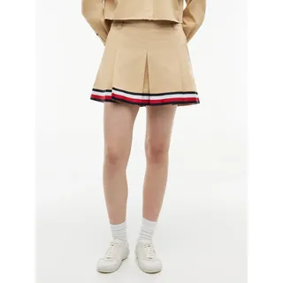 Minirock TOMMY JEANS "TJW RWB TAPE MINI SKIRT", Damen, Gr. 25, beige (gentle gold), Web, Obermaterial: 100% Baumwolle, unifarben mit Farbeinsatz, kurz, Röcke Minirock, Baumwolle