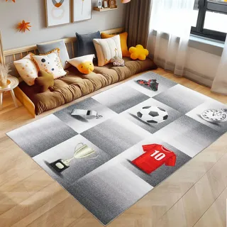 SIMPEX KinderTeppich, Fußball-Design, Teppich Grau, 100 x 150 cm, Teppich für Kinder, Teppich Kinderzimmer