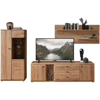 Cantus Wohnwand Calmera, Braun, Esche, Eiche Artisan, Holz, Glas, Holzwerkstoff, 3-teilig, Esche, Kork, massiv, 10 Fächer, 2 Schublade(n) Schubladen, 320x163x50 cm, Typenauswahl, Beimöbel erhältlich, Wohnzimmer, Wohnwände, Anbauwände