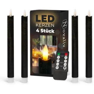 Novaliv Stabkerzen LED mit Timer SCHWARZ 4 Stück Indoor 6 Stunden - ECHTWACHS 23cm Höhe für Kerzen 2,2cm Durchmesser 2 AAA Batterien notwendig LED Stabkerzen flackernde Flamme bewegliche Flamme Licht