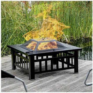 Bubble Store Feuerstelle Terrasse Garten in dekorativer Steinoptik, Terrassenofen und Grill mit Grillrost, Kohlerost, Abdeckhaube, Schürhaken und Regenplane