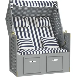 vidaXL Strandkorb mit Kissen Gartenliege Volllieger Sonnenliege Sonneninsel Strandliege Zweisitzer Liege Strand Poly Rattan Massivholz Blau Weiß