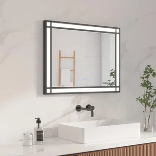 AQUABATOS LED Badspiegel mit Beleuchtung 80x60 cm Fensteroptik Fensterspiegel Lichtspiegel Badezimmer Aluminium Schwarzer Rahmen Dekospiegel Industrial Style Dimmbare Kaltweiß Warmweiß Beschlagfrei