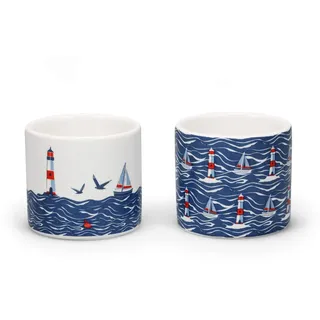 Half Moon Bay ECP2COA01 Eierbecher aus Steingut, Motiv "Leuchtturm", 10,2 x 5,1 cm, Motiv "Segelboot-Leuchtturm", Blau/Weiß, 2 Stück