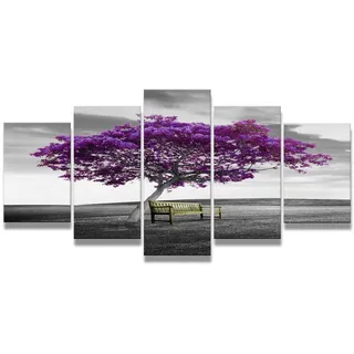 Visario Leinwandbild Lila Baum Bank Schwarzweiss 200 x 100 cm 5-teilig Direktdruck auf Leinwand mit Holzrahmen Wandbild Kunstdruck XXL Wanddeko für Wohnzimmer Schlafzimmer Artikelnr. 6339