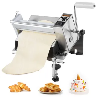 Vevor Manuelle Teigausrollmaschine Ausrollmaschine Teigroller aus Edelstahl, abnehmbarer Griff, Platte, max. 12 mm einstellbare Dicke, für den Heimgebrauch oder kleine gewerbliche Küchen
