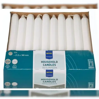 METRO Professional Tafelkerzen, Paraffin, 2.15 x 18 cm, ca. 6 Std., weiß, 30 Stück