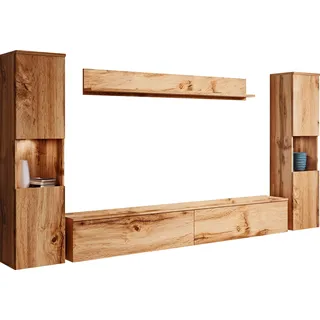 Wohnwand OTTO HOME "PARIS, Vitrine Türanschlag links/rechts wechselbar", braun (eichefarbe votan, eichefarbe votaneichefarbe votan, weiß hochglanz), B:260cm H:130cm T:33cm, Hartfaserplatte, Kastenmöbel-Sets, Wohnwand, grifflose Design, stehend und hängend montierbar