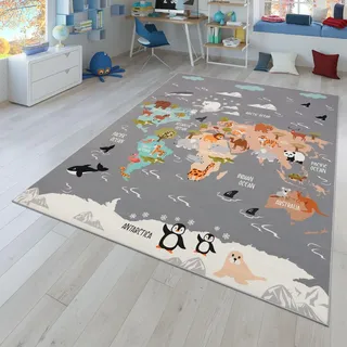 TT Home Kinderteppich Babyzimmer Teppich Kinderzimmer rutschfest Tiere Weltkarte Autos, Farbe:Grau Blau Braun, Größe:140x200 cm