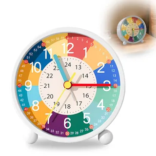 Idota Wecker Kinder, Wecker Analog Ohne Ticken Lernwecker Kinder mit Nachtlicht Kinderwecker mit Sanfter Weckklingelton Batteriebetriebene Weckuhr (Ohne Akku) Mädchen Jungen für Schulanfänge - Weiß