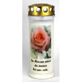 Grablicht-Kerze 20/7 cm - Rose A - 3751 - Im Herzen ... - 7 Tage Brenndauer – (Ewiglicht-Ölkerze)-Grabkerze mit Motiv und Spruch - Trauerkerze mit Foto und Spruch